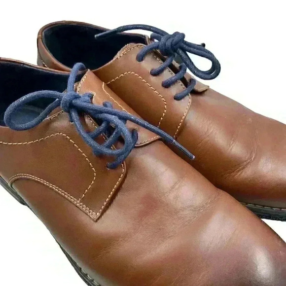 Leather Casual/Dress Men’s Brown W/Blue Laces Shoes Cushion & Arch Insole SZ 8 - Picture 2 of 6